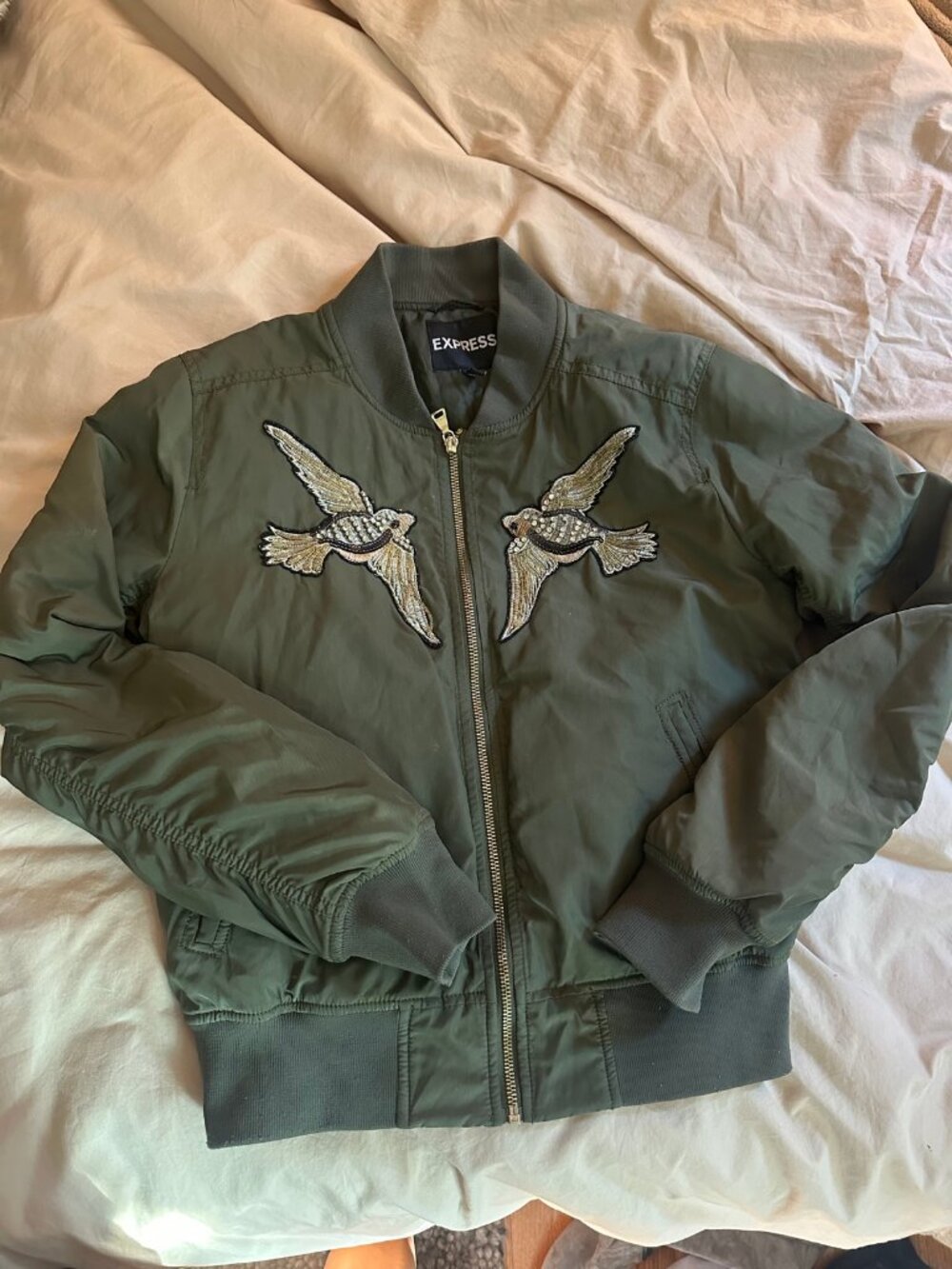 Express Olive Green Bomber Jacket - Embroidered Bird Patches, Size S